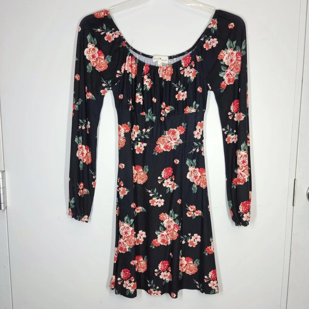 Derek Heart Dress Women Medium Black Floral Mini Square Neck Long Sleeve Cottage